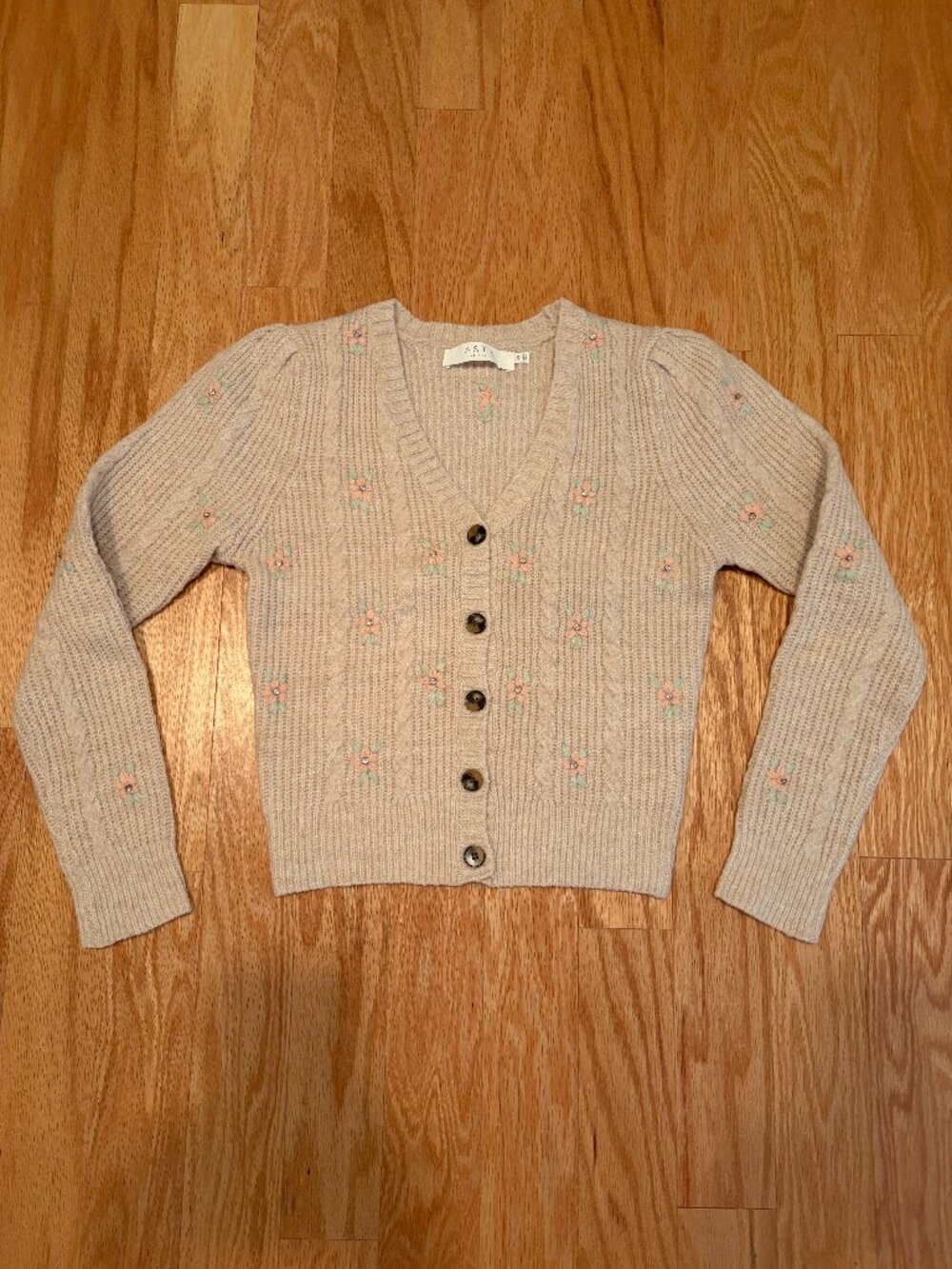 ASTR beige cable knit button-up v-neck cardigan with floral embroidery size XS